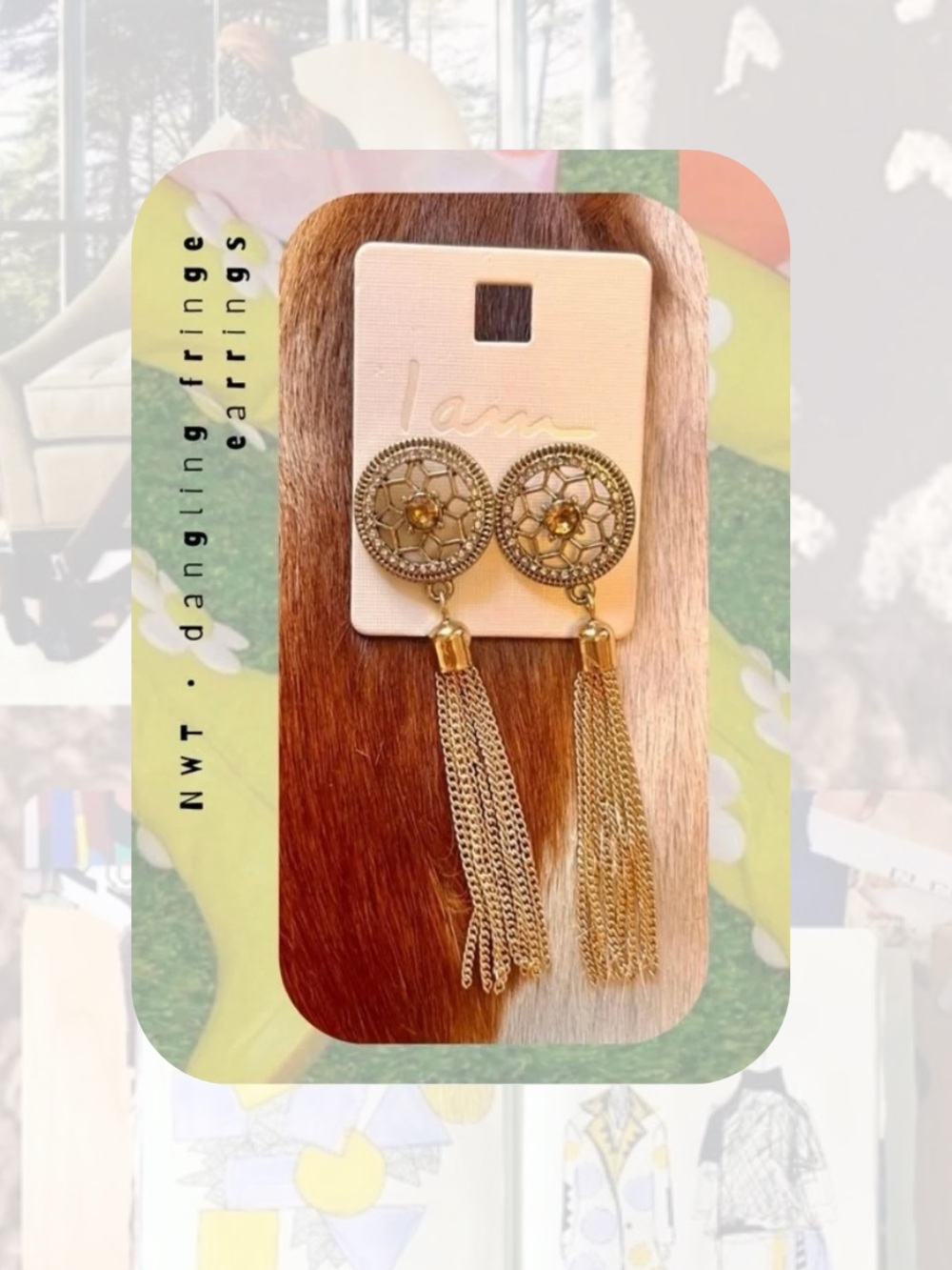 nwt 🆕 gold floral jeweled dangling fringe boho earrings
